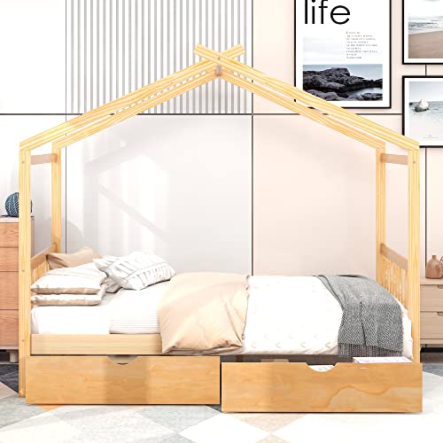 Full Size Daybed with Storage Drawers, Solid Wooden Bed Frame with Fence, Daybed with 2 Drawers with Wood Slat Support, No Box Spring Needed, Easy to Assemble, for Bedroom Living Room, Natural - Lostcat