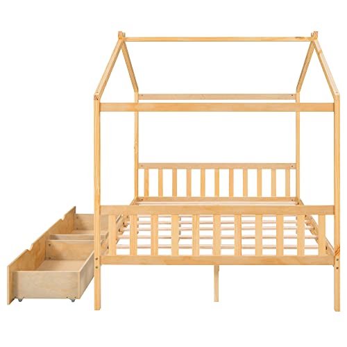 Full Size Daybed with Storage Drawers, Solid Wooden Bed Frame with Fence, Daybed with 2 Drawers with Wood Slat Support, No Box Spring Needed, Easy to Assemble, for Bedroom Living Room, Natural - Lostcat