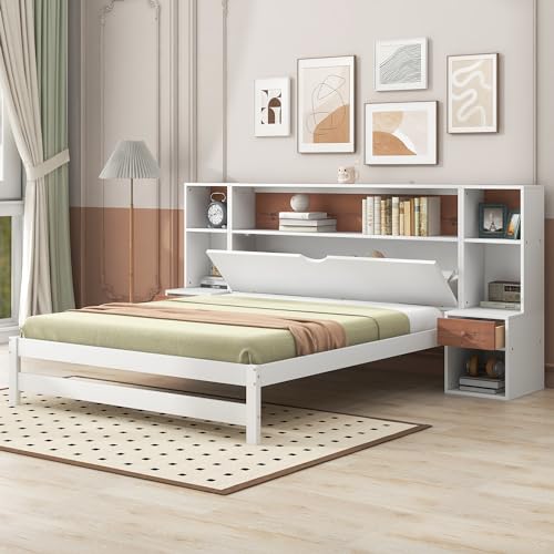 Full Size Platform Bed with Storage Headboard and Drawers, Full Size Wooden Platform Bed with All-in-One Cabinets, Shelf and 4 Storage Drawers, Versatility Low Bedframefor Bedroom,Guest Room, White - Lostcat