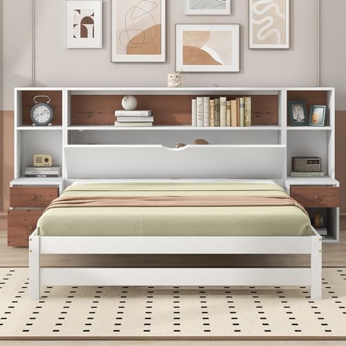 Full Size Platform Bed with Storage Headboard and Drawers, Full Size Wooden Platform Bed with All-in-One Cabinets, Shelf and 4 Storage Drawers, Versatility Low Bedframefor Bedroom,Guest Room, White - Lostcat