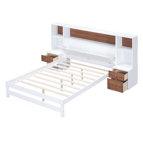 Full Size Platform Bed with Storage Headboard and Drawers, Full Size Wooden Platform Bed with All-in-One Cabinets, Shelf and 4 Storage Drawers, Versatility Low Bedframefor Bedroom,Guest Room, White - Lostcat