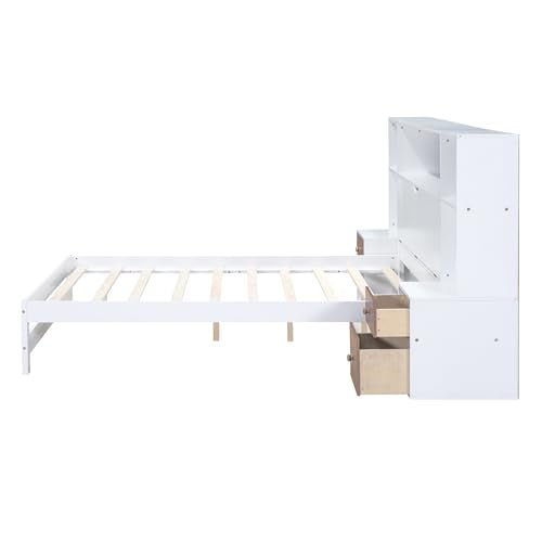 Full Size Platform Bed with Storage Headboard and Drawers, Full Size Wooden Platform Bed with All-in-One Cabinets, Shelf and 4 Storage Drawers, Versatility Low Bedframefor Bedroom,Guest Room, White - Lostcat