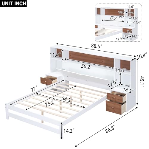 Full Size Platform Bed with Storage Headboard and Drawers, Full Size Wooden Platform Bed with All-in-One Cabinets, Shelf and 4 Storage Drawers, Versatility Low Bedframefor Bedroom,Guest Room, White - Lostcat