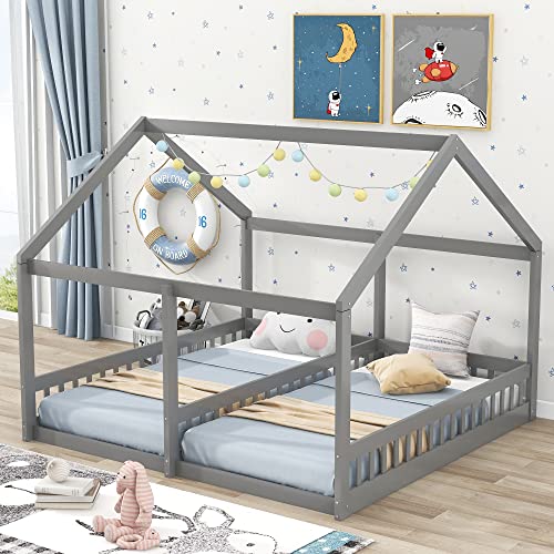 Kids Double Bed Frame, Lostcat Wooden 2 Twin Size House Platform Beds,House Platform Beds with Fence,Two Shared Beds with Roof, Montessori Bed for Two Kids Teens Boys Girls, No Box Spring Needed, Gray - Lostcat