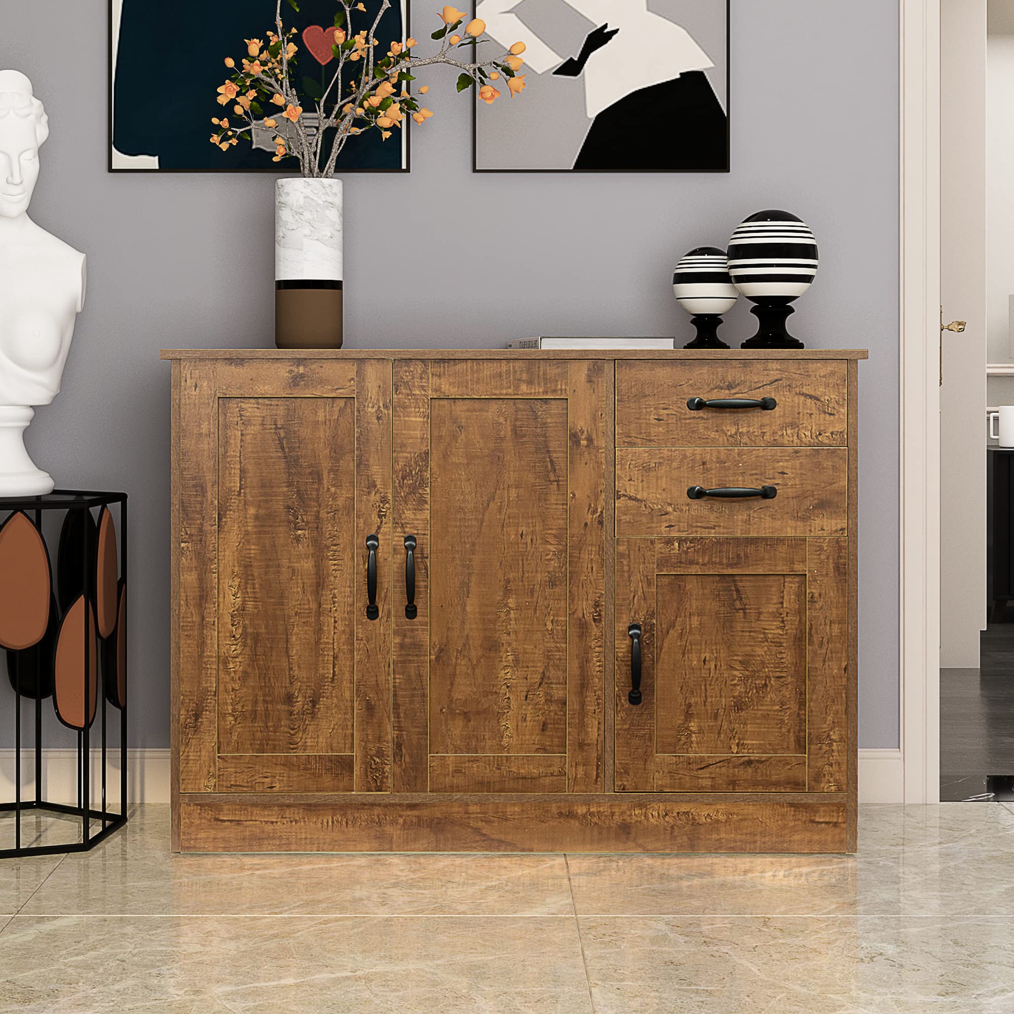 Lostcat 43" Storage Cabinet with 2 Drawers, Modern Wood Buffet Cabinet with 2 Doors & 1 Storage, Storage Cabinet Console for Entryway, Dining Room, Bedroom and Living Room, Dark Walnut - Lostcat