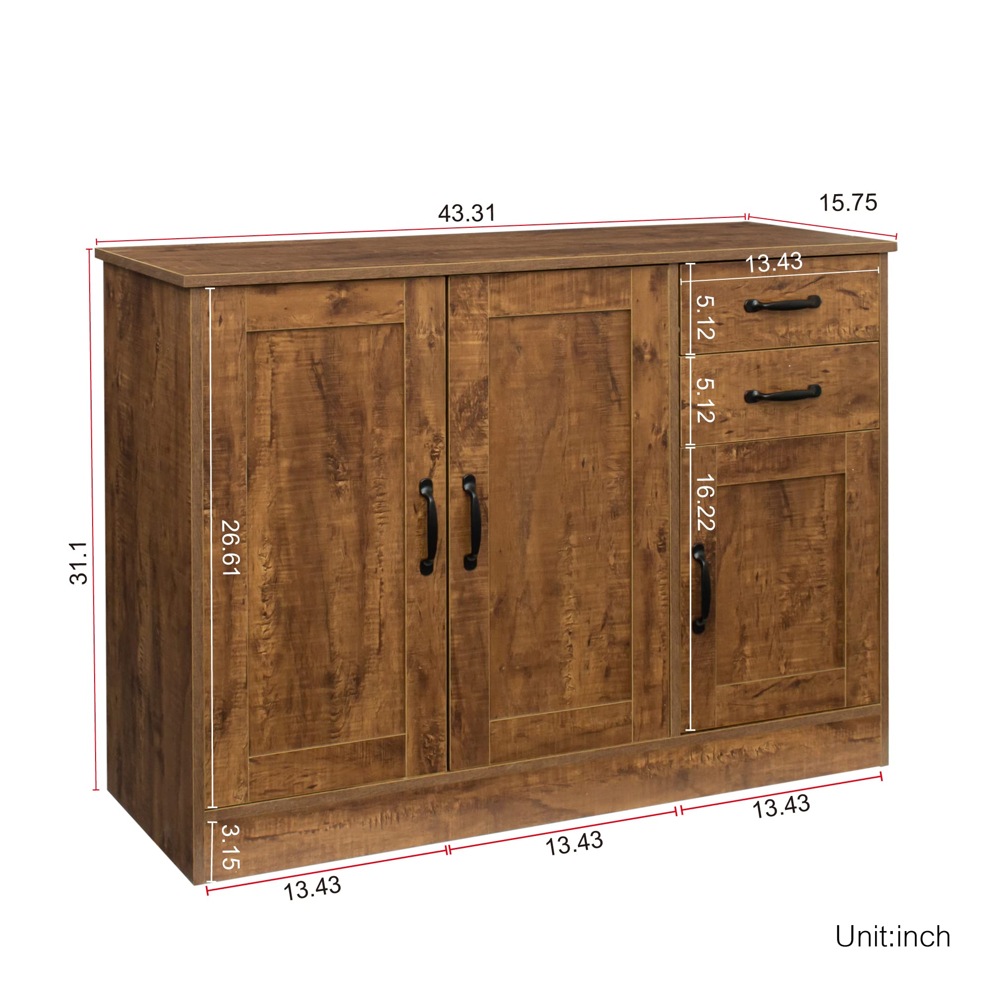 Lostcat 43" Storage Cabinet with 2 Drawers, Modern Wood Buffet Cabinet with 2 Doors & 1 Storage, Storage Cabinet Console for Entryway, Dining Room, Bedroom and Living Room, Dark Walnut - Lostcat