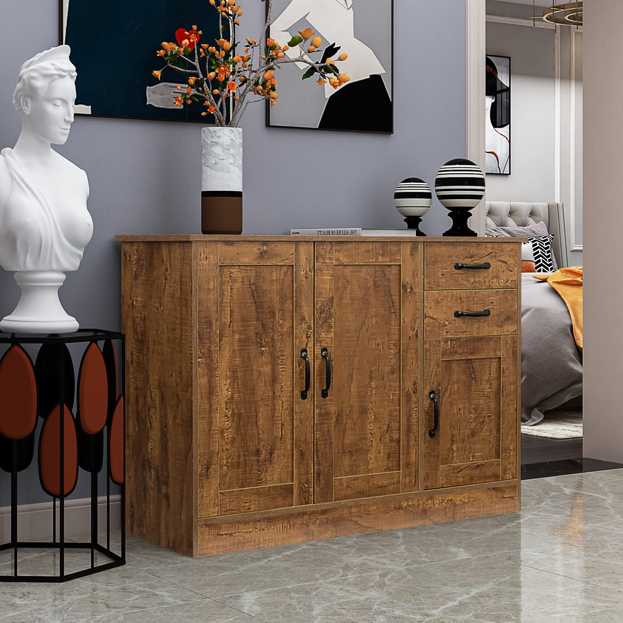 Lostcat 43" Storage Cabinet with 2 Drawers, Modern Wood Buffet Cabinet with 2 Doors & 1 Storage, Storage Cabinet Console for Entryway, Dining Room, Bedroom and Living Room, Dark Walnut - Lostcat
