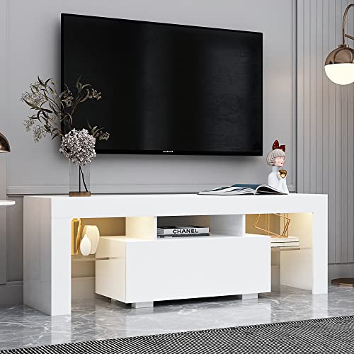 Lostcat 51 Inch TV Stand with Drawer, Modern Television Stands with Open Shelves, Entertainment Center for Living Room, Bedroom and Home Office, White - Lostcat