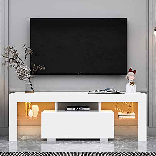 Lostcat 51 Inch TV Stand with Drawer, Modern Television Stands with Open Shelves, Entertainment Center for Living Room, Bedroom and Home Office, White - Lostcat