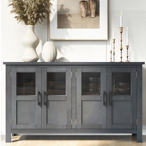 Lostcat 51" Storage Cabinet, Classic Buffet Cabinet with Adjustable Shelf, Metal Handles and 4 Tempered Glass Doors, Sideboard for Entryway, Living Room and Bedroom, Grey - Lostcat
