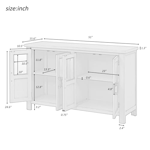 Lostcat 51" Storage Cabinet, Classic Buffet Cabinet with Adjustable Shelf, Metal Handles and 4 Tempered Glass Doors, Sideboard for Entryway, Living Room and Bedroom, Grey - Lostcat