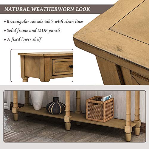 Lostcat 58 Inch Console Table,Narrow Long Sofa Tables,Solid Wood Leg,with 2 Storage Drawers and Bottom Shelf,Easy Assembly,for Living Room/Bedroom/Hall/Corridor(Old Pine) - Lostcat