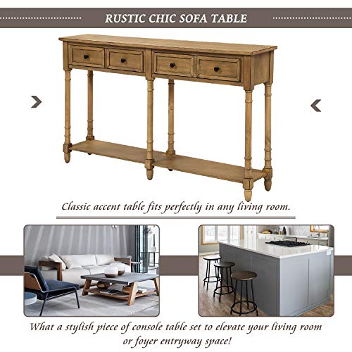Lostcat 58 Inch Console Table,Narrow Long Sofa Tables,Solid Wood Leg,with 2 Storage Drawers and Bottom Shelf,Easy Assembly,for Living Room/Bedroom/Hall/Corridor(Old Pine) - Lostcat