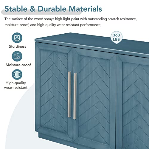 Lostcat 60" Buffet Cabinet, Retro Storage Cabinet with Adjustable Shelves and Silver Handles, Sideboard with 4 Doors and Large Storage Space for Dining Room, Entryway and Living Room, Antique Blue - Lostcat
