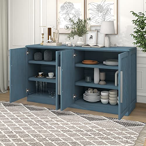 Lostcat 60" Buffet Cabinet, Retro Storage Cabinet with Adjustable Shelves and Silver Handles, Sideboard with 4 Doors and Large Storage Space for Dining Room, Entryway and Living Room, Antique Blue - Lostcat