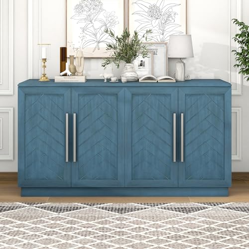 Lostcat 60" Buffet Cabinet, Retro Storage Cabinet with Adjustable Shelves and Silver Handles, Sideboard with 4 Doors and Large Storage Space for Dining Room, Entryway and Living Room, Antique Blue - Lostcat