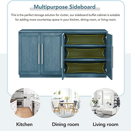 Lostcat 60" Buffet Cabinet, Retro Storage Cabinet with Adjustable Shelves and Silver Handles, Sideboard with 4 Doors and Large Storage Space for Dining Room, Entryway and Living Room, Antique Blue - Lostcat