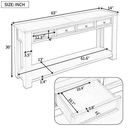 Lostcat 63 In Console Table,Solid Wood Console Table Sofa Table with 4 Storage Drawers and Bottom Shelf,Space Saving, Wooden Construction, Easy Assemble,for Storage Entry Hallway Foyer Sofa(Gray Wash) - Lostcat