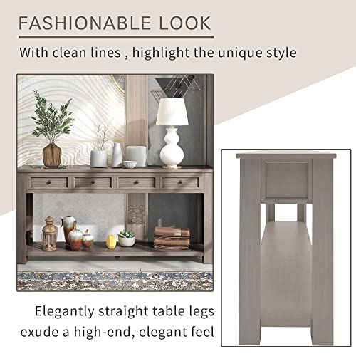 Lostcat 63 In Console Table,Solid Wood Console Table Sofa Table with 4 Storage Drawers and Bottom Shelf,Space Saving, Wooden Construction, Easy Assemble,for Storage Entry Hallway Foyer Sofa(Gray Wash) - Lostcat