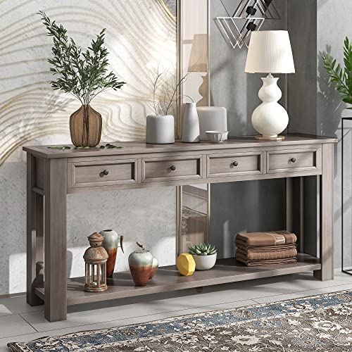 Lostcat 63 In Console Table,Solid Wood Console Table Sofa Table with 4 Storage Drawers and Bottom Shelf,Space Saving, Wooden Construction, Easy Assemble,for Storage Entry Hallway Foyer Sofa(Gray Wash) - Lostcat