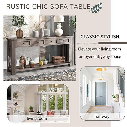 Lostcat 63 In Console Table,Solid Wood Console Table Sofa Table with 4 Storage Drawers and Bottom Shelf,Space Saving, Wooden Construction, Easy Assemble,for Storage Entry Hallway Foyer Sofa(Gray Wash) - Lostcat