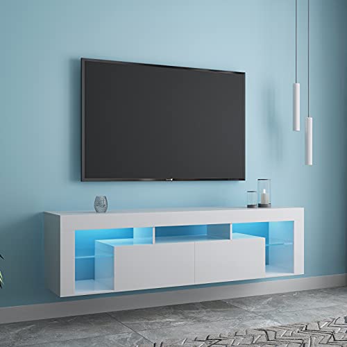 Lostcat 63 Inch Mounted Floating TV Stand, TV Console with 2 Drawers and 5 Open Shelves, Entertainment Center for Living Room, Bedroom, White - Lostcat