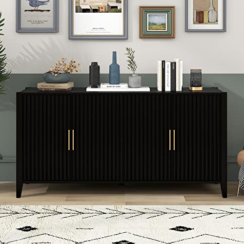 Lostcat 63 Inch Storage Cabinet, Modern Wooden Sideboard with Metal Handles, 4 Doors and Large Storage Space, Buffet Cabinet for Hallway, Entryway, Living Room, Dining Room and Bedroom, Black - Lostcat