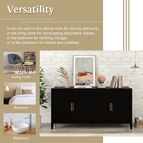 Lostcat 63 Inch Storage Cabinet, Modern Wooden Sideboard with Metal Handles, 4 Doors and Large Storage Space, Buffet Cabinet for Hallway, Entryway, Living Room, Dining Room and Bedroom, Black - Lostcat
