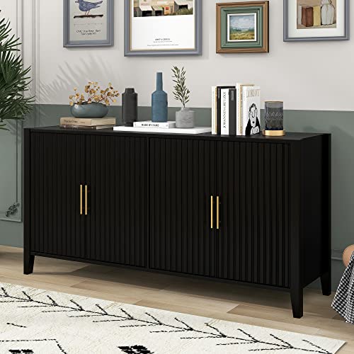 Lostcat 63 Inch Storage Cabinet, Modern Wooden Sideboard with Metal Handles, 4 Doors and Large Storage Space, Buffet Cabinet for Hallway, Entryway, Living Room, Dining Room and Bedroom, Black - Lostcat