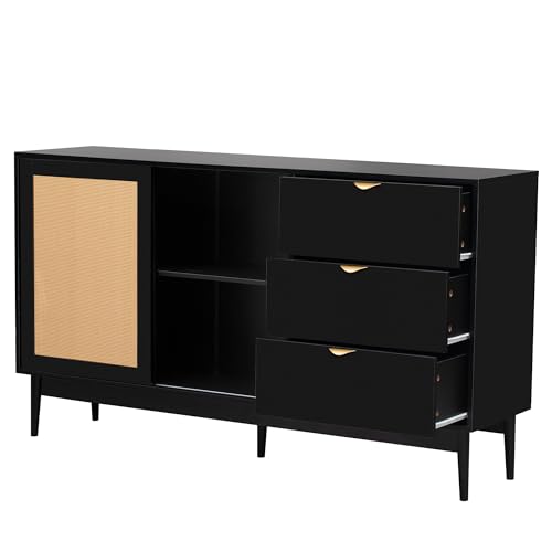 Lostcat 63" Storage Cabinet with 3 Drawers, Featured Two-Door Buffet Cabinet with Metal Handles and Large Storage Space, Suitable for Corridors, Entrances, Living Rooms, and Study, Black - Lostcat