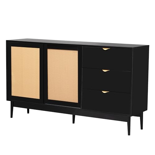 Lostcat 63" Storage Cabinet with 3 Drawers, Featured Two-Door Buffet Cabinet with Metal Handles and Large Storage Space, Suitable for Corridors, Entrances, Living Rooms, and Study, Black - Lostcat