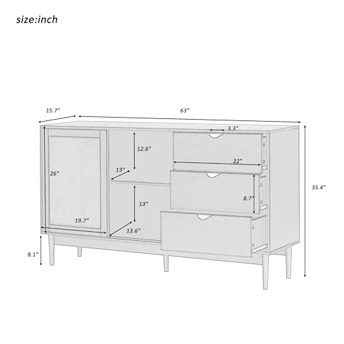 Lostcat 63" Storage Cabinet with 3 Drawers, Featured Two-Door Buffet Cabinet with Metal Handles and Large Storage Space, Suitable for Corridors, Entrances, Living Rooms, and Study, Black - Lostcat