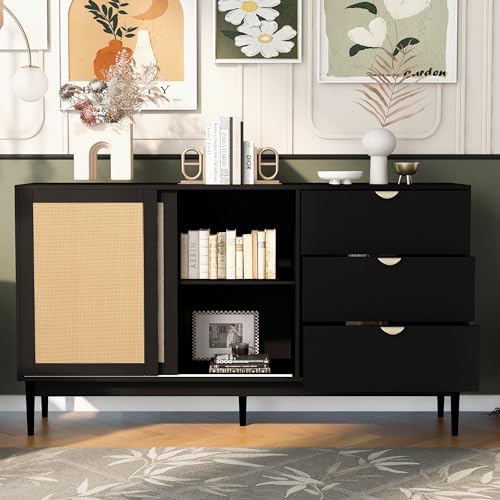Lostcat 63" Storage Cabinet with 3 Drawers, Featured Two-Door Buffet Cabinet with Metal Handles and Large Storage Space, Suitable for Corridors, Entrances, Living Rooms, and Study, Black - Lostcat