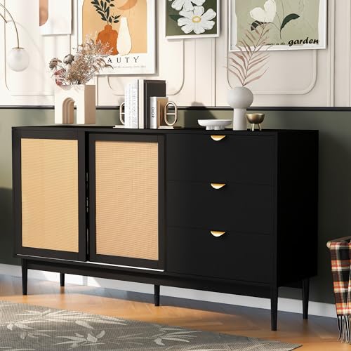 Lostcat 63" Storage Cabinet with 3 Drawers, Featured Two-Door Buffet Cabinet with Metal Handles and Large Storage Space, Suitable for Corridors, Entrances, Living Rooms, and Study, Black - Lostcat