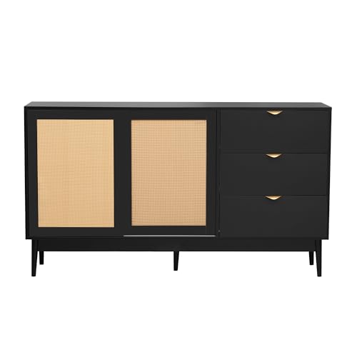 Lostcat 63" Storage Cabinet with 3 Drawers, Featured Two-Door Buffet Cabinet with Metal Handles and Large Storage Space, Suitable for Corridors, Entrances, Living Rooms, and Study, Black - Lostcat