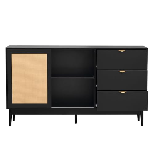 Lostcat 63" Storage Cabinet with 3 Drawers, Featured Two-Door Buffet Cabinet with Metal Handles and Large Storage Space, Suitable for Corridors, Entrances, Living Rooms, and Study, Black - Lostcat