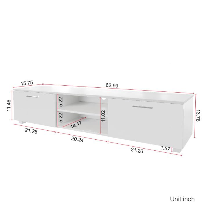 Lostcat 63" TV Stand with Open Shelves, Television Stands for TVs Up to 70", Media Console Entertainment Center Television Table with 2 Storage Cabinet for Living Room, Bedroom, White - Lostcat