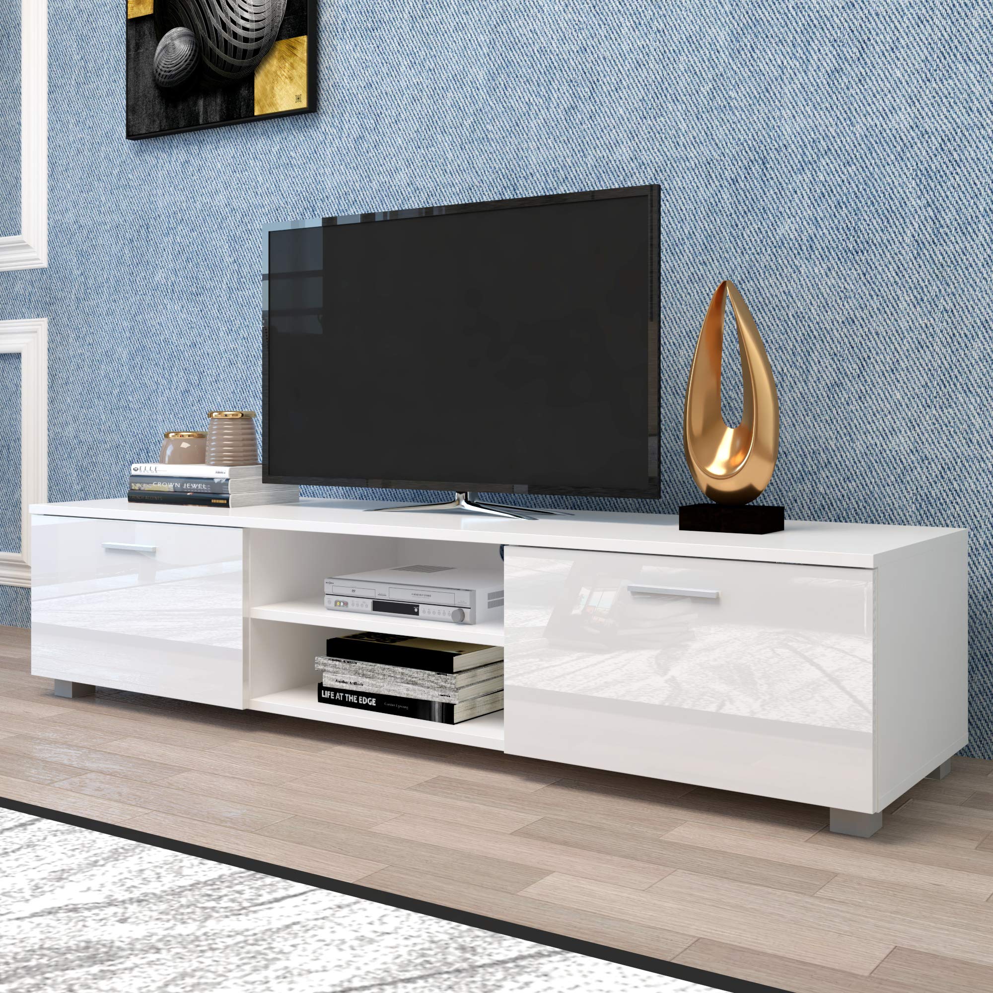 Lostcat 63" TV Stand with Open Shelves, Television Stands for TVs Up to 70", Media Console Entertainment Center Television Table with 2 Storage Cabinet for Living Room, Bedroom, White - Lostcat