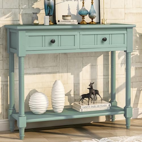 Lostcat Console Table - 35 inch Sofa Table with 2 Drawers and Bottom Shelf - Rustic Narrow Entryway Table - Easy Assembly - for Living Room, Bedroom, Hallway(Green) - Lostcat