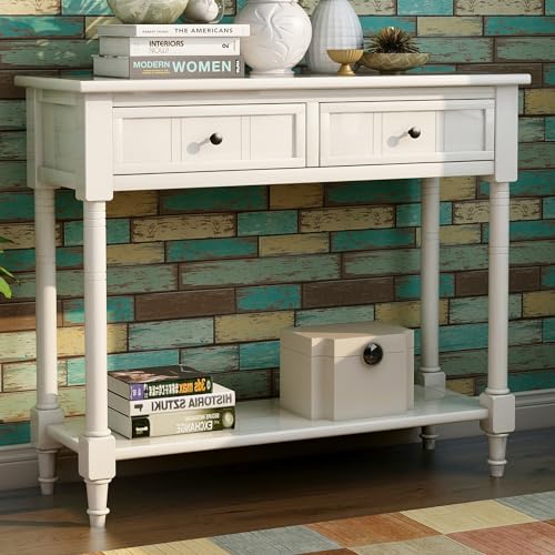 Lostcat Console Table - 35 inch Sofa Table with 2 Drawers and Bottom Shelf - Rustic Narrow Entryway Table - Easy Assembly - for Living Room, Bedroom, Hallway(Ivory White) - Lostcat