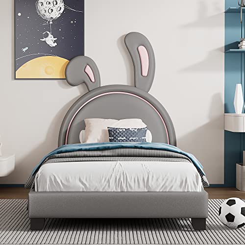 Lostcat Cute Twin Size Rabbit-Shape Upholstered Princess Bed, Platform Bed with Bunny-Shaped, PU Platform Bed Frame with Slat Supports, Headboard and Footboard for Kids, Child's Bedroom, Grey - Lostcat