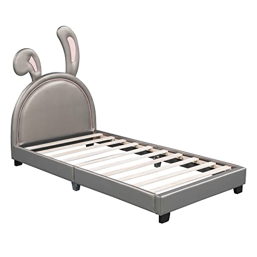 Lostcat Cute Twin Size Rabbit-Shape Upholstered Princess Bed, Platform Bed with Bunny-Shaped, PU Platform Bed Frame with Slat Supports, Headboard and Footboard for Kids, Child's Bedroom, Grey - Lostcat