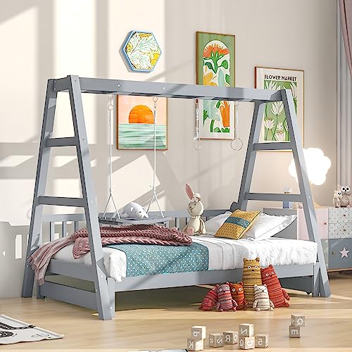 Lostcat Extendable Twin Size Daybed with Swing and Ring Handles, Multi-Functional Wood Daybed Frame, Extendable Twin to King Bed Frame for Kids Girls Boys Teens,Grey - Lostcat