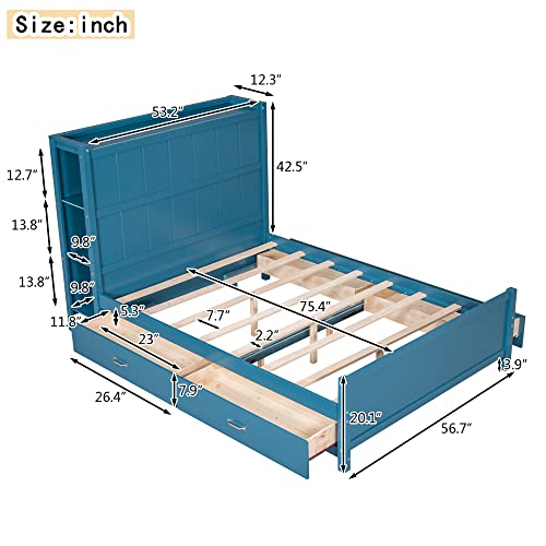 Lostcat Full Bed with Storage,Wood Platform Bed with 4 Drawers and Storage Shelves Headboard for Kids Teens Adults Bedroom,No Box Spring Needed,Blue - Lostcat