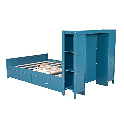 Lostcat Full Bed with Storage,Wood Platform Bed with 4 Drawers and Storage Shelves Headboard for Kids Teens Adults Bedroom,No Box Spring Needed,Blue - Lostcat