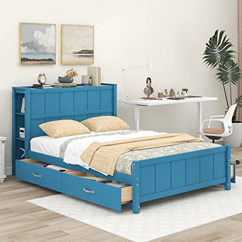 Lostcat Full Bed with Storage,Wood Platform Bed with 4 Drawers and Storage Shelves Headboard for Kids Teens Adults Bedroom,No Box Spring Needed,Blue - Lostcat