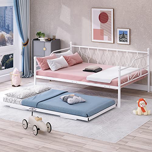 Lostcat Full Daybed with Trundle, Metal Day Bed with Twin Size Adjustable Pop Up Trundle for Bedroom Living Room, Portable Folding Trundle Bed, Heavy Duty Steel Slat Support, White - Lostcat