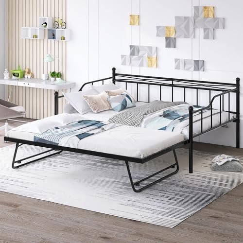 Lostcat Full Daybed with Trundle, Metal Day Bed with Twin Size Adjustable Pop Up Trundle for Bedroom Living Room, Portable Folding Trundle Bed, Heavy Duty Steel Slat Support, Black - Lostcat