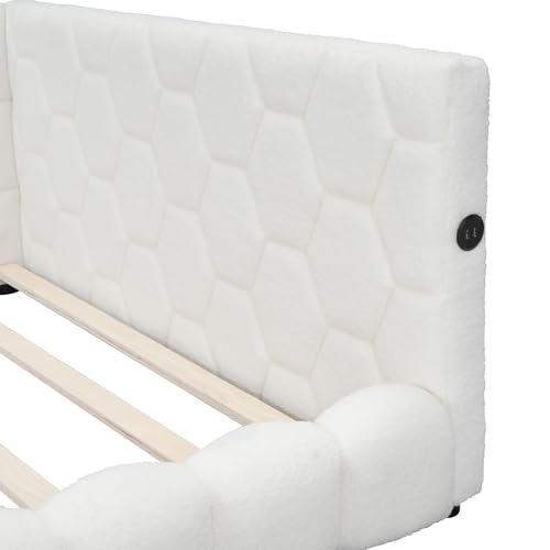Lostcat Full Daybed with USB Ports, Upholstered Daybed Bed Frame with USB Ports, Solid Wood Daybed, Full Size Platform Bed Frame, Teddy Fleece Daybed for Bedroom Furniture, Livingroom, White - Lostcat