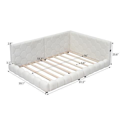 Lostcat Full Daybed with USB Ports, Upholstered Daybed Bed Frame with USB Ports, Solid Wood Daybed, Full Size Platform Bed Frame, Teddy Fleece Daybed for Bedroom Furniture, Livingroom, White - Lostcat